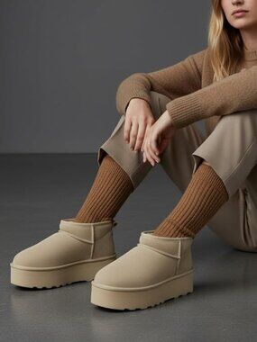 Women’s Platform Ankle Boots – Genuine Suede, Faux Fur Lining